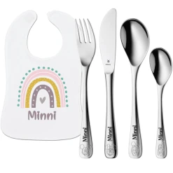 Schnullireich Geschenkset Mit Namen WMF Kinderbesteck Mickey & Friends + Lätzchen Rose Rainbow Silber